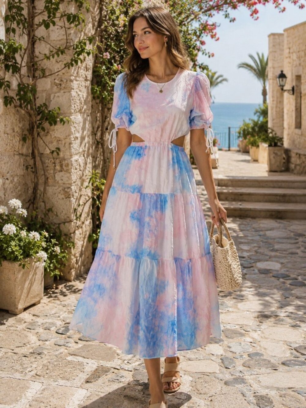 Elliatt Reflection Color Dye Laced Up Open Back Midi Dress Pink Blue Multi